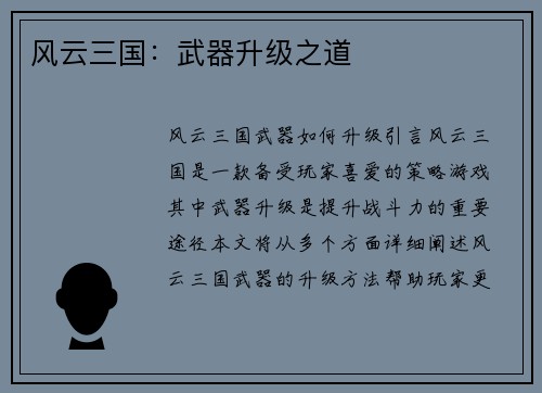 风云三国：武器升级之道